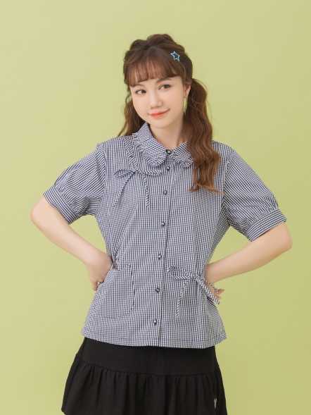 【maru.a】鄉村甜美感👒miru刺繡格紋蓬袖襯衫(2色) -丈青25323126