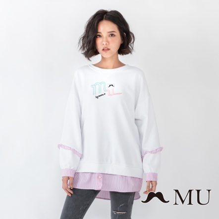 【MU】LOGO立體刺繡拼接假兩件上衣(2色)20921302