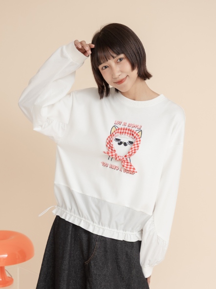 貓咪泡泡浴・蕾絲拼接抽繩上衣