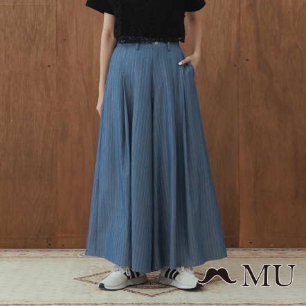 【MU】長腿姊姊🌹復古明線直條大傘狀打褶寬褲(2色)-深藍 22925263
