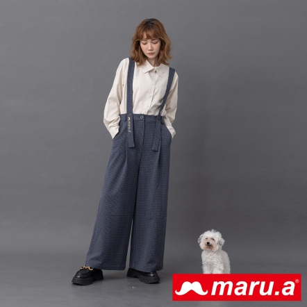 【maru.a】紳士風格🎩復古格紋磨毛可拆吊帶長褲(2色)-深藍 23935214