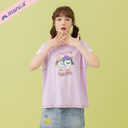 【maru.a】MOVE YOUR BODY🌞撞色印花彩線刺繡蕾絲緹花拼接袖上衣(2色)-淺紫 25321241