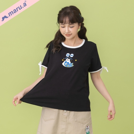【maru.a】鯉魚坐騎🎏可愛撞色印花袖綁結造型滾邊上衣(3色)-黑色 25311224