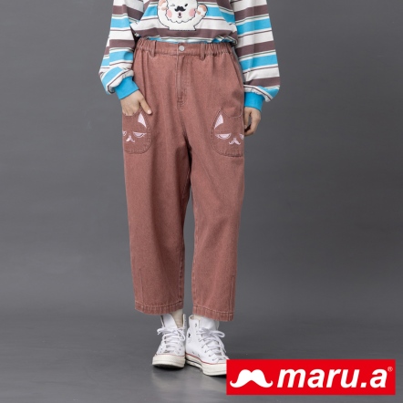 【maru.a】經典miru貓頭😺造型口袋打折直筒寬褲(2色)-紅色 23935213