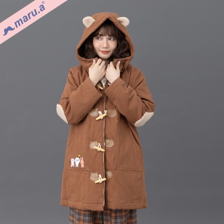 【maru.a】美拉德色系✨棕色小熊牛角釦手繪刺繡鋪棉連帽大衣(2色)-咖啡 23922212