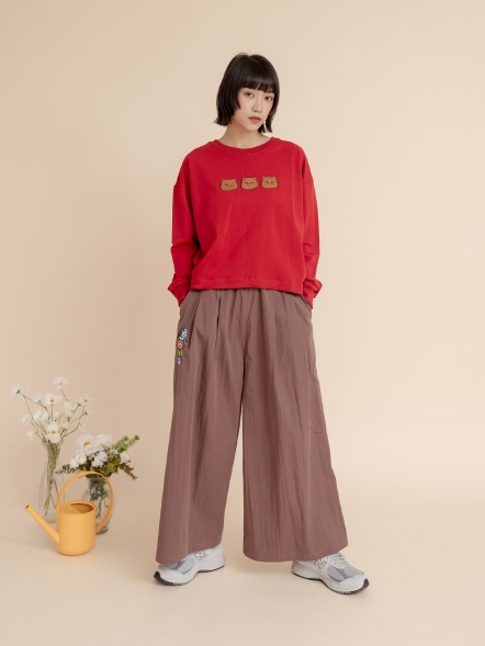 腰帶束口電繡寬褲