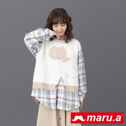【maru.a】日系文青風☘復古格紋襯衫拼接北極絨毛衣(2色)-米白 23934216