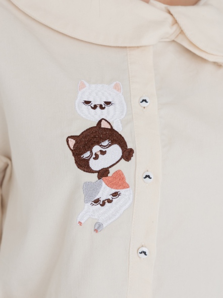 三連貓咪刺繡襯衫