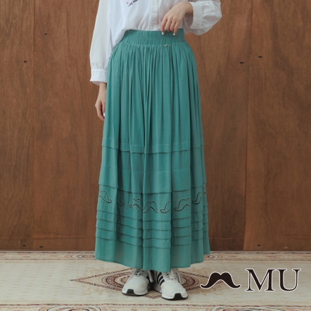 【MU】氣質爆棚-細百摺簍空層次雪紡長裙(2色)-深綠 22926264