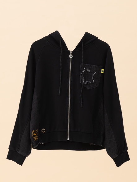 星潮拼接・抓鬚連帽牛仔外套