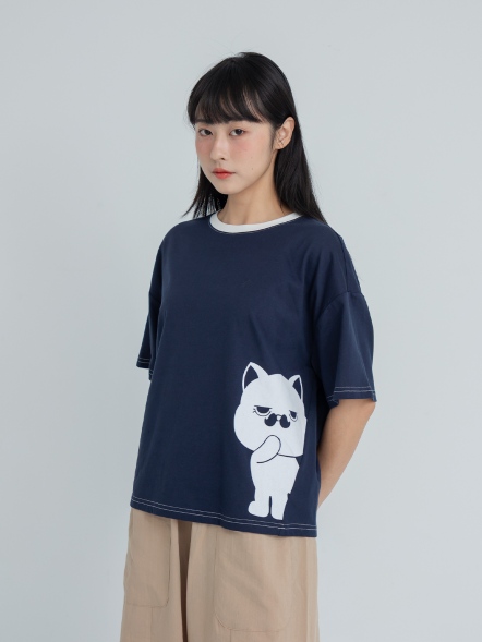 撞色紋理貓咪圖印上衣