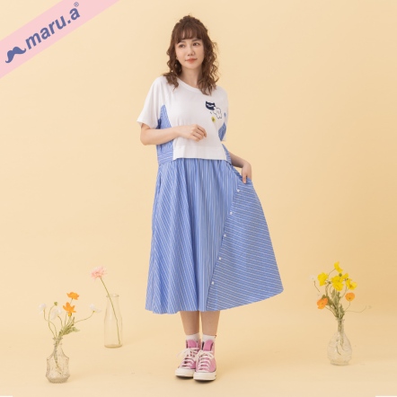 【maru.a】小花miru🌸撞色刺繡拼接條紋斜釦洋裝(2色)-白色 24317115