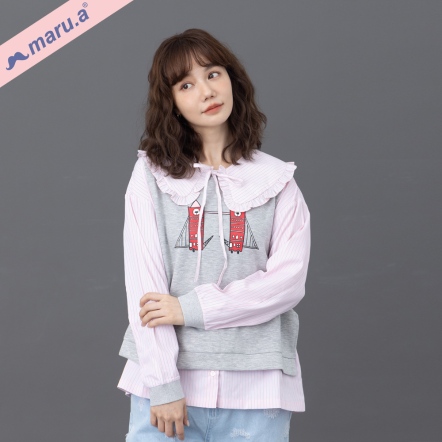 【maru.a】浪漫鐵塔🗼假兩件拼接條紋附荷葉領片上衣(2色)-深灰 23923115