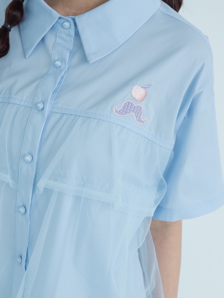 網紗層次短版刺繡襯衫