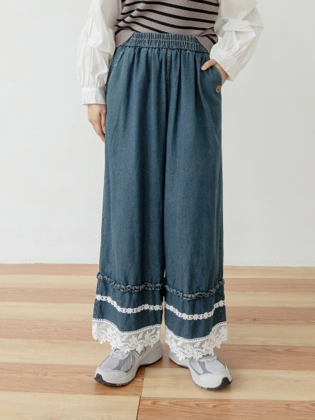 層次荷葉邊蕾絲丹寧寬褲