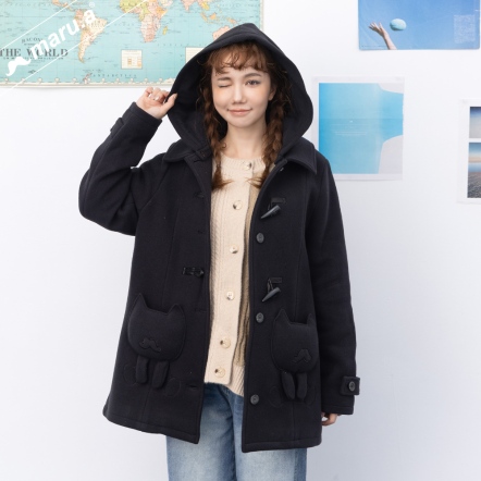 【maru.a】👑高質感立體蓬蓬miru口袋牛角排釦連帽羊毛大衣(2色)-黑色 24912312