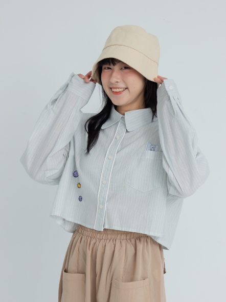 條紋拼接短版襯衫