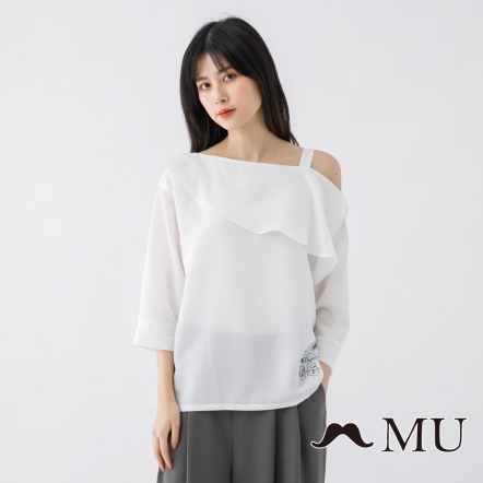 Mu 氣質荷葉領露肩七分袖上衣 2色